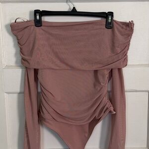 Express Ruched Mesh Off The Shoulder Long Sleeve Bodysuit